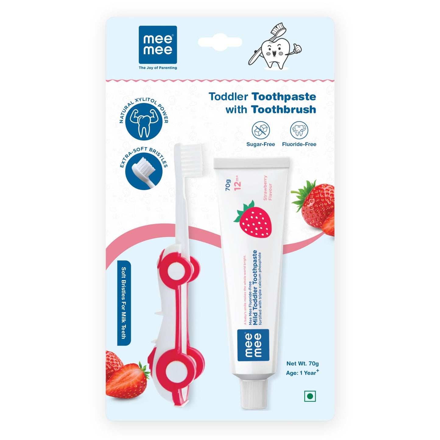 Mee Mee Kids Toothbrush & Toothpaste Combo | For Babies & Toddlers (6 Months–3 Years) | Fluoride-Free, Safe to Swallow, Strawberry Flavour, Soft Bristles, Foldable Car-Shaped Brush (Red)