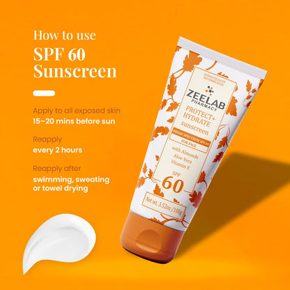 Zeelab sunscreen tube with application instructions on an orange background