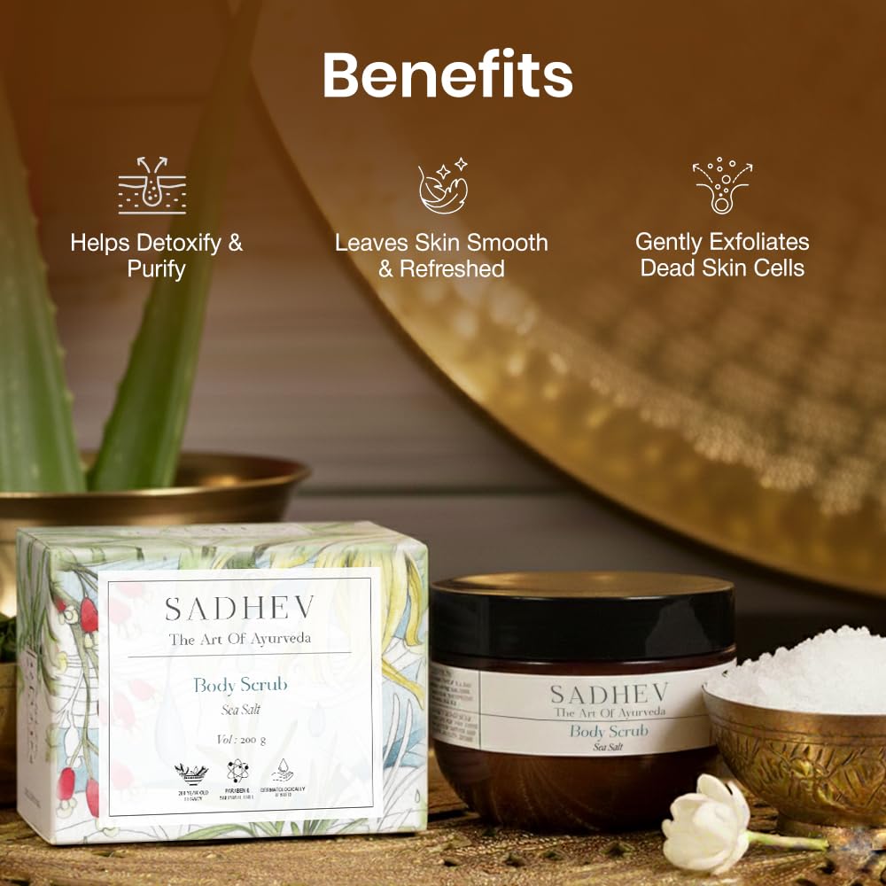 Sadhev Ayurvedic Sea Salt Body Scrub | Exfoliates, Detoxifies & Revitalizes | Enriched with Coconut Oil & Aloe Vera | For Smooth, Radiant Skin | All Skin Types (200g)