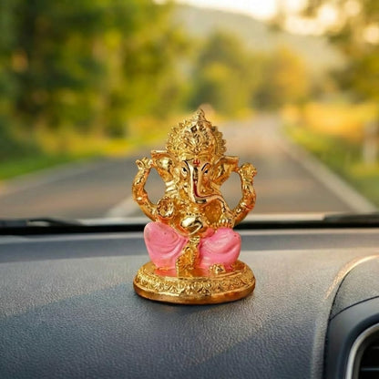 Gold Plated Ganesh Idol | Ganpati Murti for Car Dashboard, Office Desk, Hindu God Gift & Home Decor - Resin (Gold & Pink)