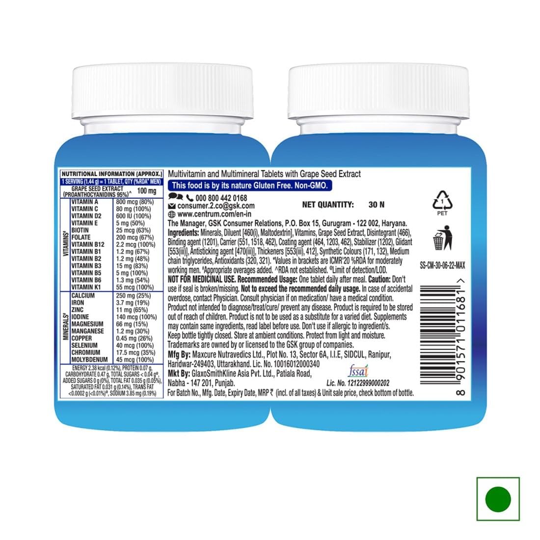 Two blue supplement bottles with white caps on a white background
