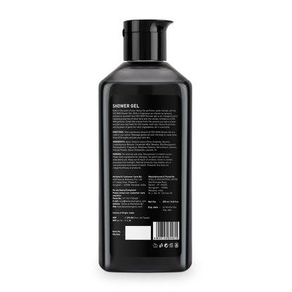 Black shower gel bottle with label on a white background