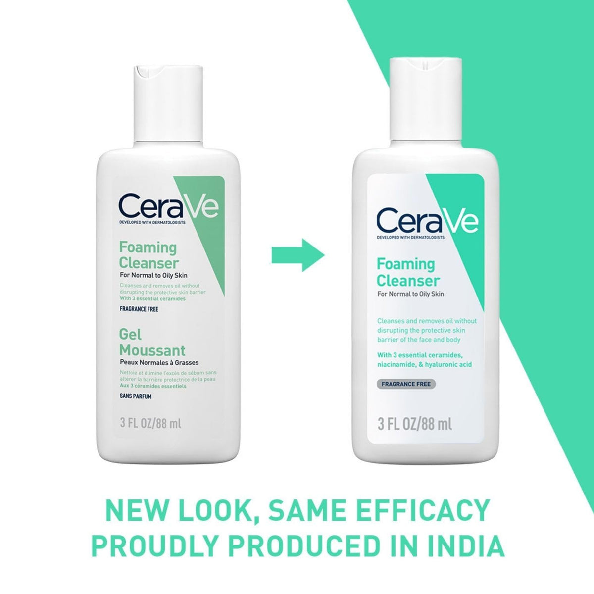 Two bottles of CeraVe Foaming Cleanser with a green and white background.