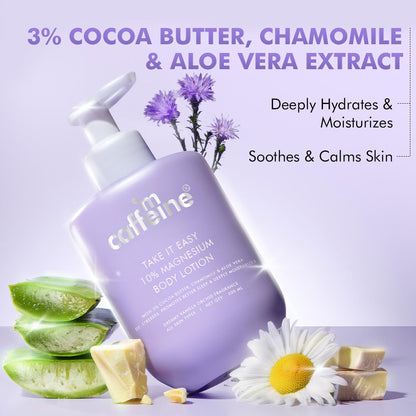 Caffeine body lotion with ingredients on a light purple background