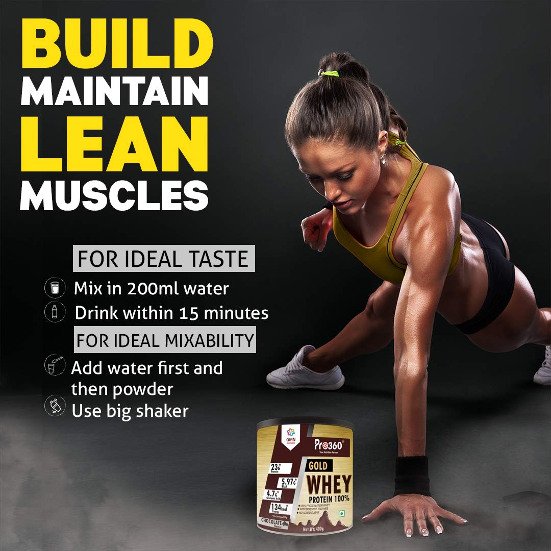 Pro360 Gold Whey Protein - Chocolate - (100% Whey Protein with Digestive Enzymes, 23g Protein, 5.97g BCAA, 4.7g Glutamic Acid per Serving) (400g pack)