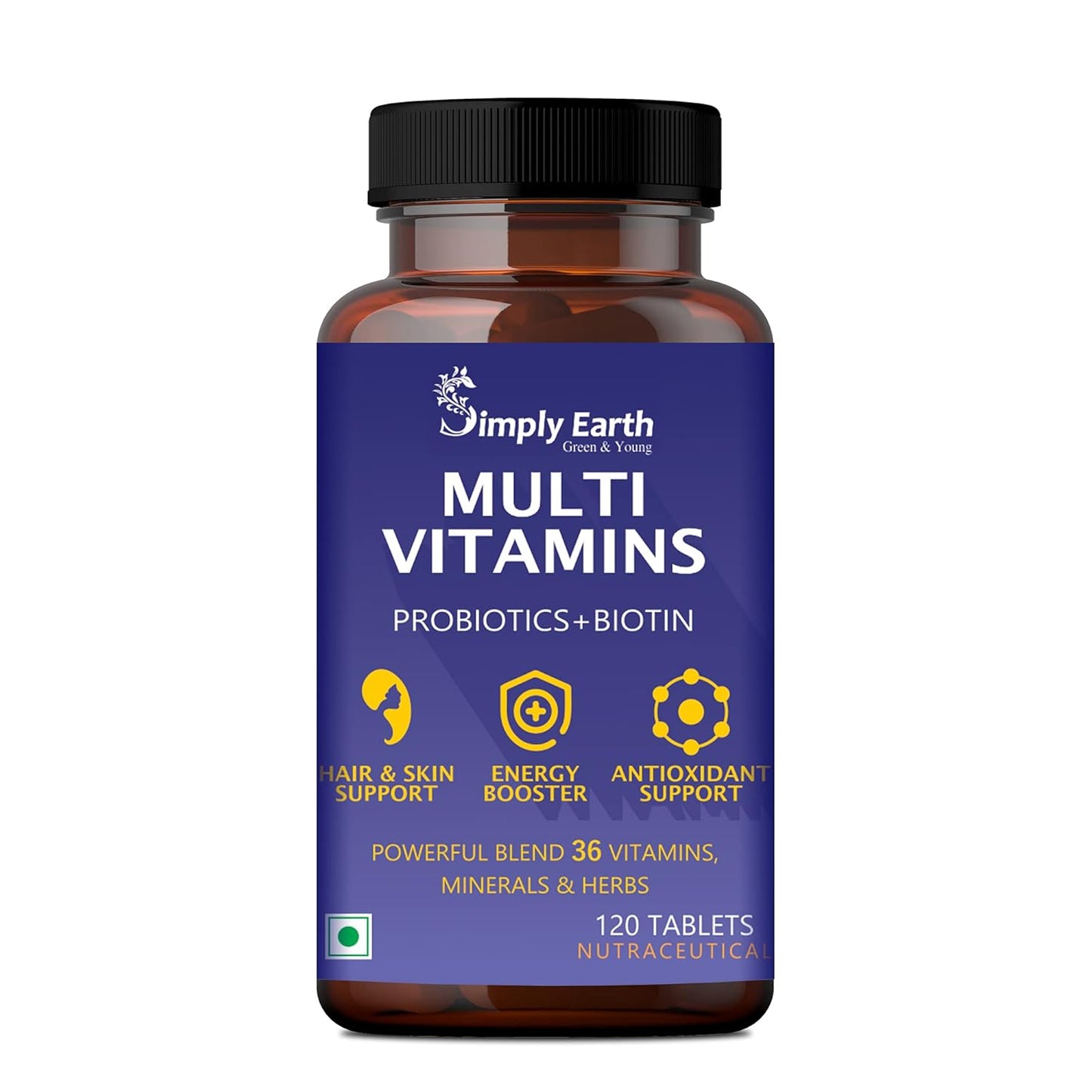 Simply Earth Multivitamin For Men & Women (120 Tablets) With 7 Vital Blends and 36 Nutrients - Probiotics Vitamin C, Zinc & Biotin