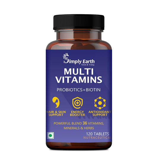Simply Earth Multivitamin For Men & Women (120 Tablets) With 7 Vital Blends and 36 Nutrients - Probiotics Vitamin C, Zinc & Biotin