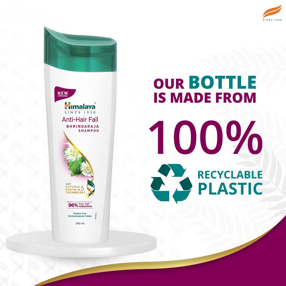 Himalaya Herbals shampoo bottle with recyclable plastic message on a white background