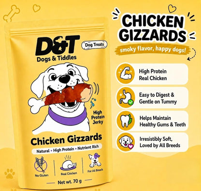 Dogs & Tiddles Chicken Gizzard Jerky Dog Treats for Puppies & Adult Dogs, 70g | Soft & Chewy High-Protein Dog Snacks | Grain-Free Training Treats | Supports Energy| Easily Digestible and Healthy