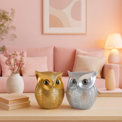 Modern Classy Lucky Owl Combo Resin Art Figure Showpiece (Pack of 2, Golden and Silver)