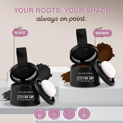 Glamveda Cover-Up Hair Powder - Brown | Covers Grey Roots & Bald Spots Instantly | Root Touch Up | Highly Pigmented, Fuller & Denser Look | Long-Lasting | Matte Finish | Fine Powder | Natural Look 4g