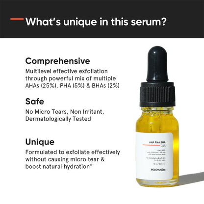 Minimalist 25% AHA + 2% BHA + 5% PHA Peeling Serum Solution for Glowing Skin, Smooth Texture & Pore Cleansing | AHA BHA PHA Peel Serum For Weekend Exfoliation | 10 ml