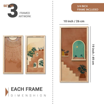 Boho Decorative Modern Wall Art Print With Frame Abstract Paintings For Living Room Bed Room Hotel Wall Decor Digital Reprint Engineered Wood Set of 3 (Art 4, 10x19 inch)