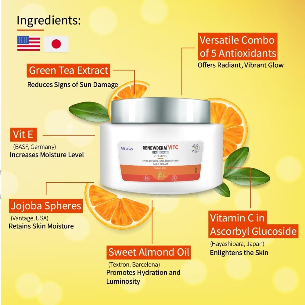 RENEWDERM Vit C Face Cream with 5 Antioxidants, Vitamin C, Vitamin A and E from Sweet Almond Oil & Green Tea Extract for protection against Sun Damage for bright skin 40GM
