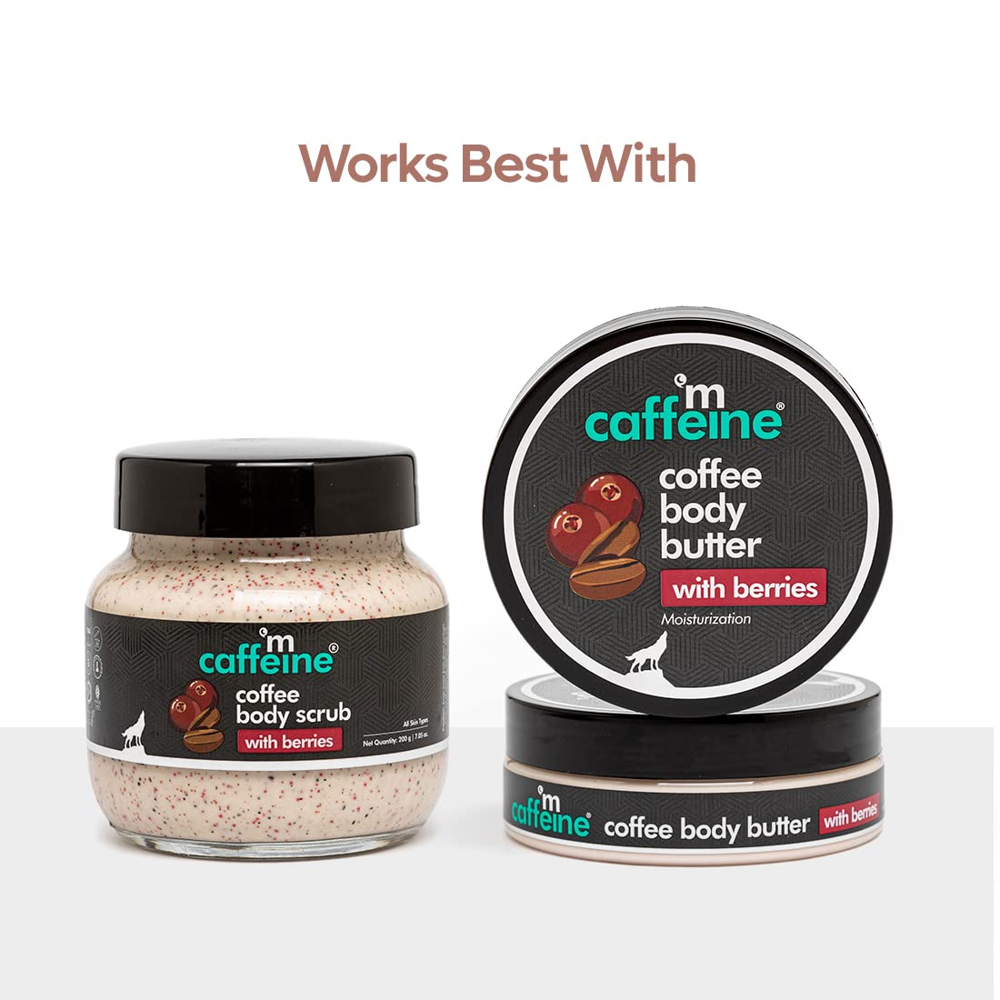 Caffeine coffee body scrub and body butter with berries on a white background