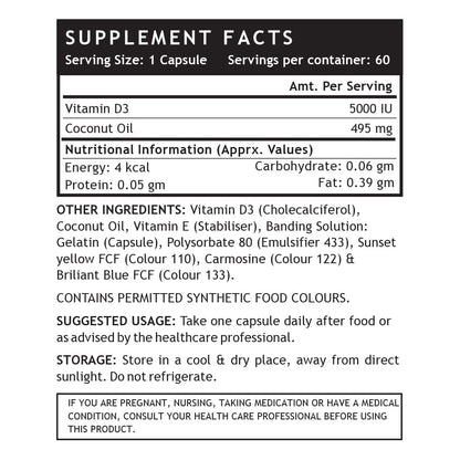 INLIFE Vitamin D3 5000 IU Cholecalciferol with Extra virgin Coconut Oil Supplement for Better Absorption| For both Men & Women| supports Immunity, Bones & Muscle health| Pack of 1-60 Soft gels.