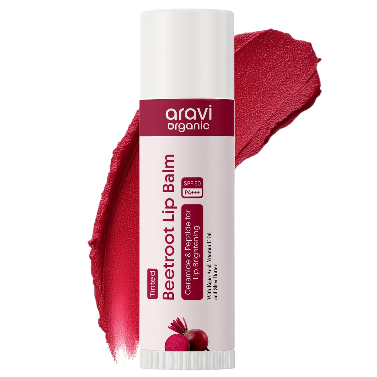 Aravi Organic Beetroot Tinted Lip Balm SPF 50 PA+++ | Brightening Lip Balm for Dark Lips | Hydrates Dry & Chapped Lips | Kojic Acid, Ceramide, Peptide & Vitamin E | Men & Women | 5g