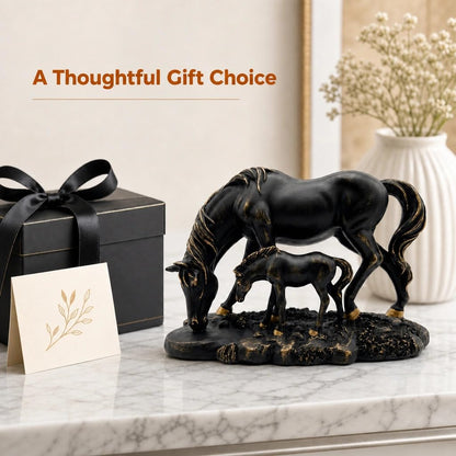 Graceful Mare & Foal Horse Sculpture Showpiece for Home & Office Décor | Nature-Inspired Decorative Figurine for Living Room, Study, Shelf & Console Table Styling - Black