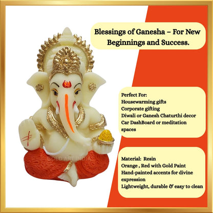 Gold Art India Resin Lord Ganesha Idol for Car Dashboard, Home, Office | Ganpati Statue for Mandir Decor | Handcrafted Ganesh Murti (Red & Ivory)