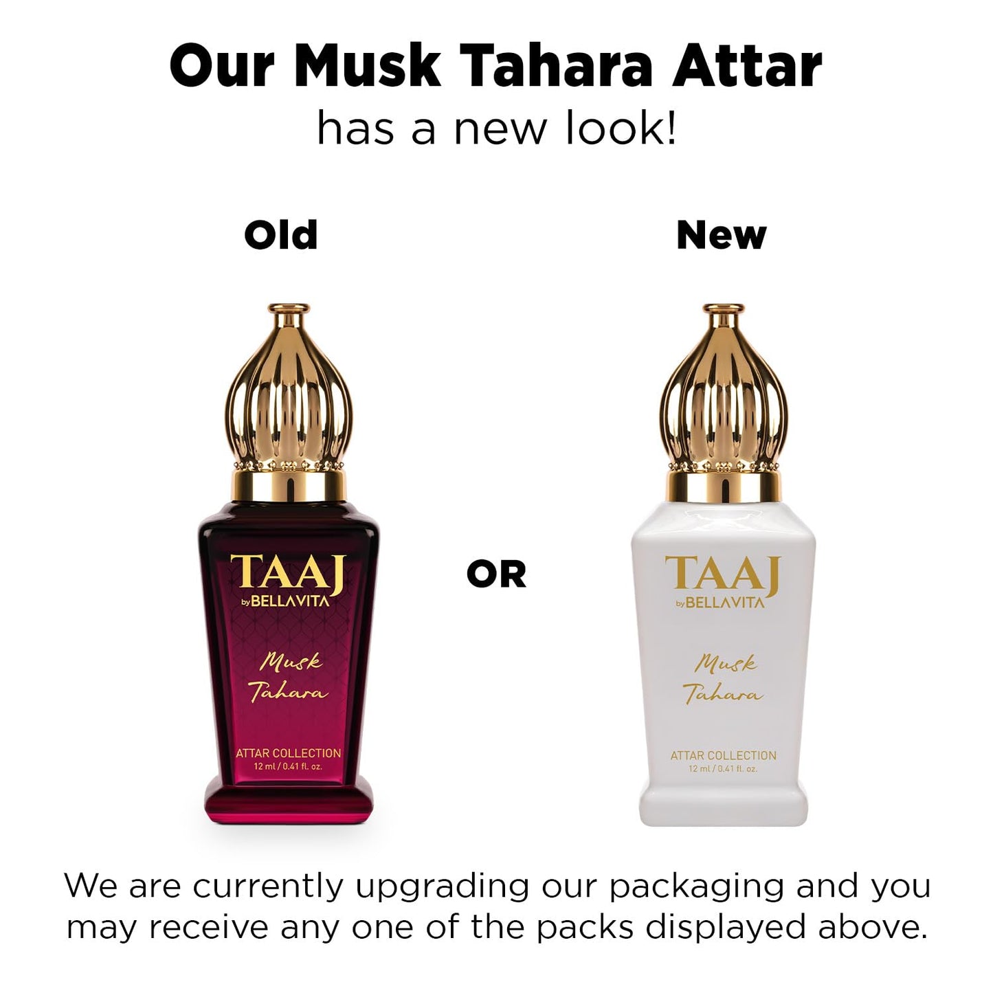 Comparison of old and new TAAJ Musk Tahara Attar packaging on a white background.