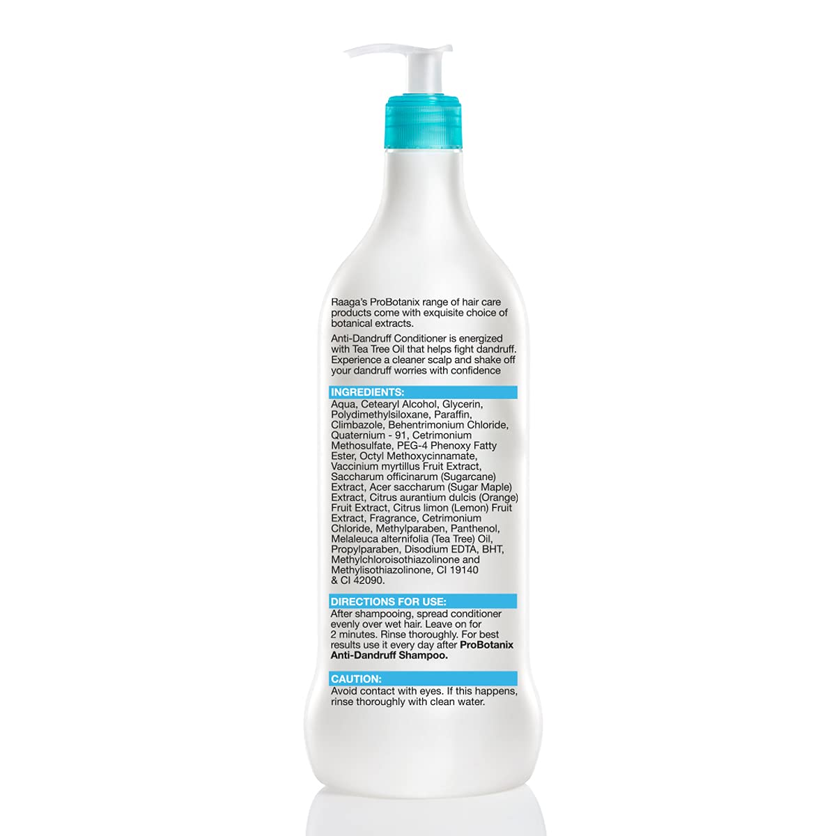 White bottle with blue pump and label on a white background