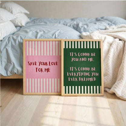 Aesthetic Quote Wall Art Set of 2 Framed Paintings | Pink Green Striped Typography Poster | Couple Bedroom Living Room Home Décor (Art 5, 10x13 Inches)