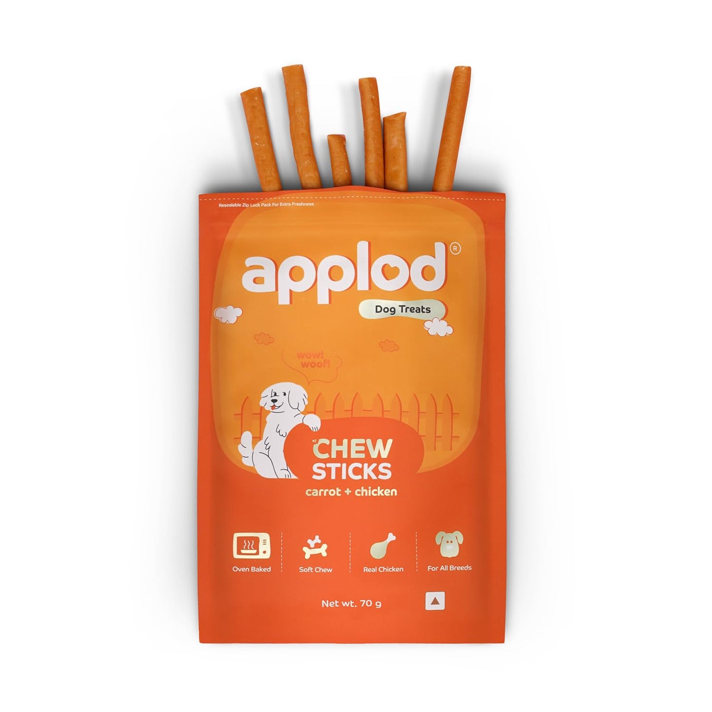 Applod Soft Carrot & Chicken Chew Sticks for Puppies & Adult Dogs | Natural Vegetable-Based Soft & Chewy Treats | Supports Healthy Chewing for All Breeds | 70g