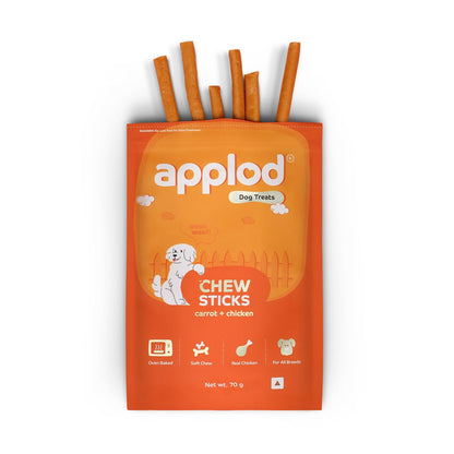 Applod Soft Carrot & Chicken Chew Sticks for Puppies & Adult Dogs | Natural Vegetable-Based Soft & Chewy Treats | Supports Healthy Chewing for All Breeds | 70g