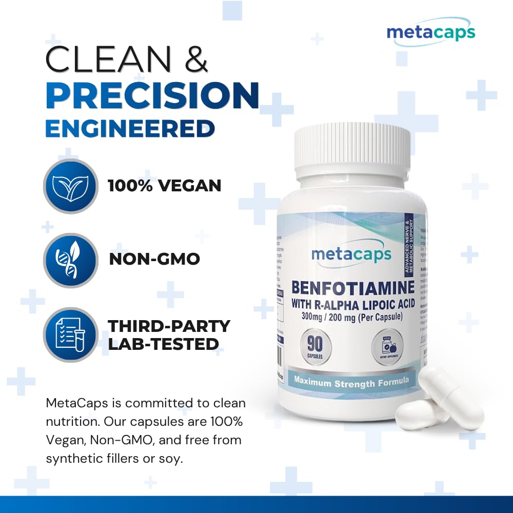 MetaCaps Benfotiamine 300mg + R-Alpha Lipoic Acid 200mg – 90 Veg Capsules | Maximum Strength Nerve Support Formula | Superior Fat-Soluble B1 & Bio-Active R-ALA | Supports Healthy Blood Sugar & Nerve Function | Vegan & Non-GMO