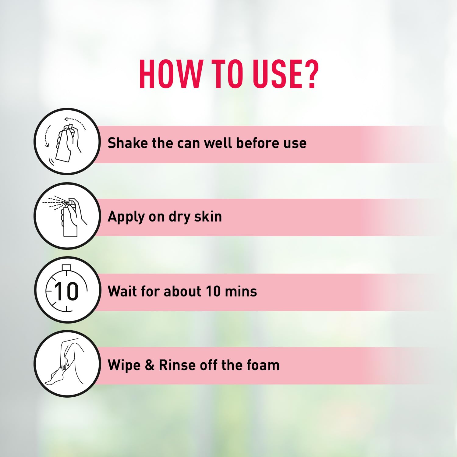 Instructions on how to use a product with icons and text on a blurred background