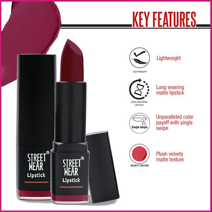STREET WEAR Matte Lipstick -BRICK BROWN (Brown) - 4.2 gms -Longwear, Velvety texture, Fade-resistant, High Color payoff, Lightweight Matte Lipstick, Plant-based Canuuba wax, Paraben-free