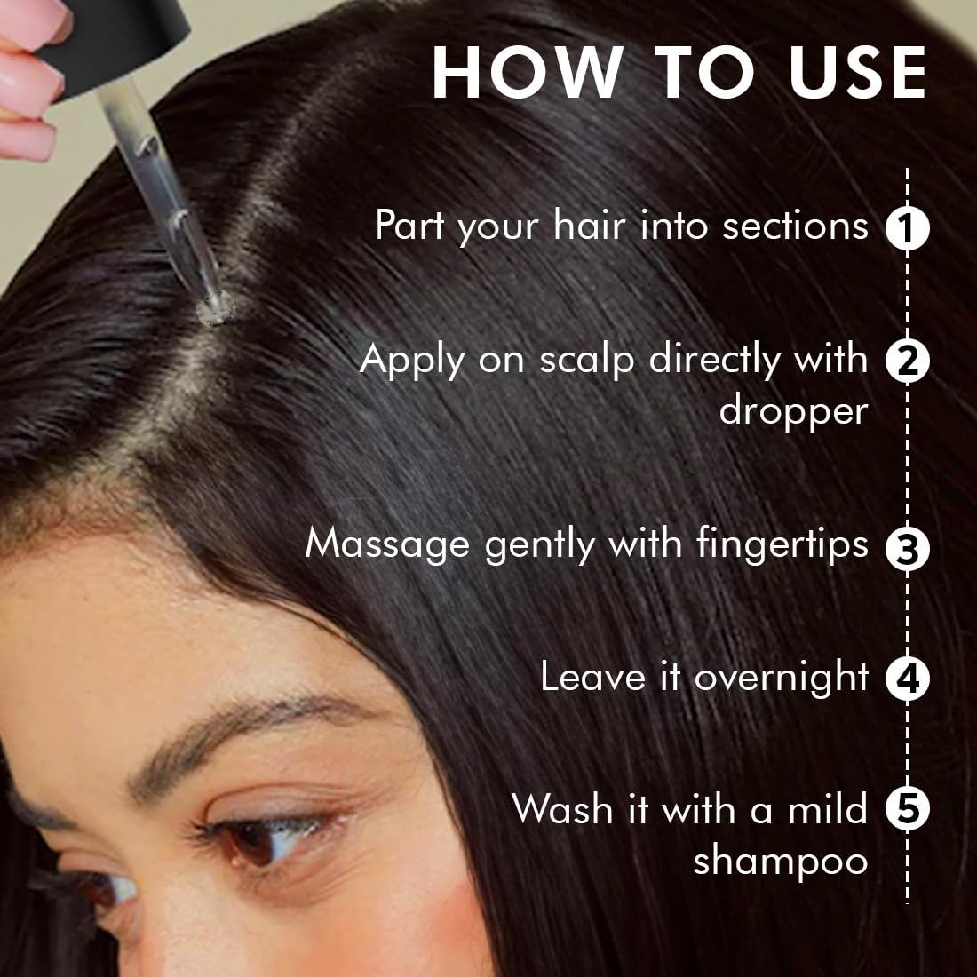 Instructions on how to use a hair care product with a close-up of hair application.