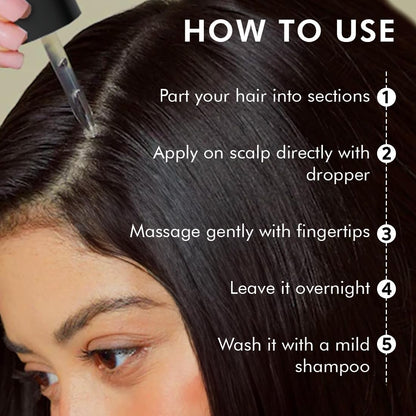 Instructions on how to use a hair care product with a close-up of hair application.