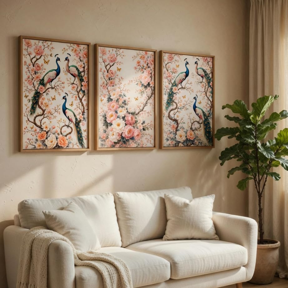 Peacock Floral Wall Painting Set of 3 with Wooden Frames | Elegant Bird & Blossom Artwork HD Sparkle Laminated MDF Wall Decor | Botanical Peacock Wall Art for Living Room Bedroom Hallway