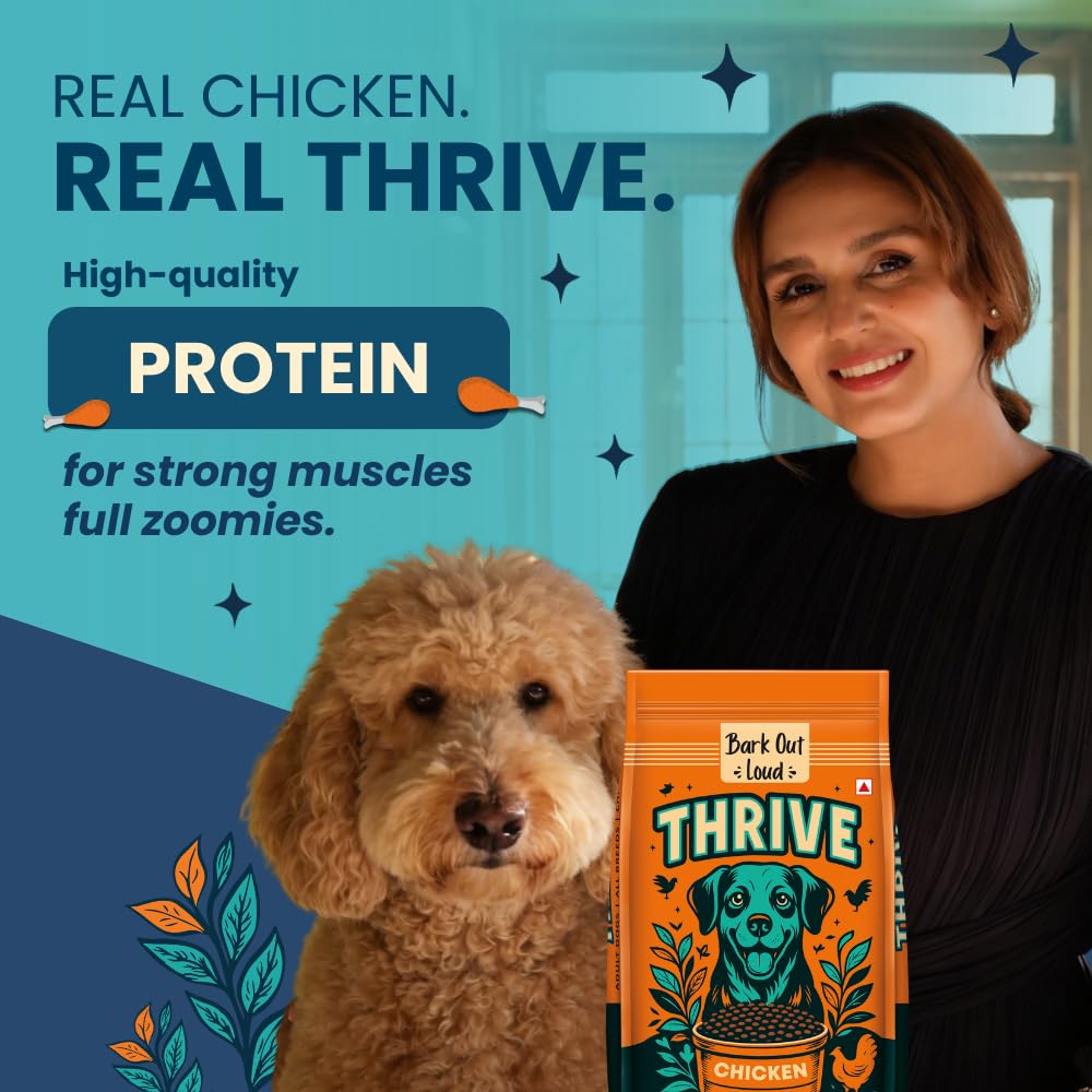 Thrive Bark Out Loud -Dry Dog Food Adult (800 gm) Real Chicken, Antioxidants, Vitamins & Minerals, Omega-3 & Omega-6, Yucca for Digestion Complete & Balanced Dog Food for All Breeds