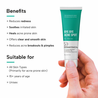 DERMATOUCH Bye Bye Acne Spot Oil-Free Gel | Pimple Removal Gel | Acne-Prone Skin | 20G