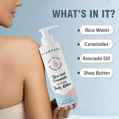 Glamveda Rice & Ceramide Glass Skin Body Lotion Moisturizer 200ml | 24Hr Hydrating Deep Nourishment Moisture for Dry Skin | Non Greasy, Lightweight | For Glowing, Soft, Radiant & Repair Skin Barrier