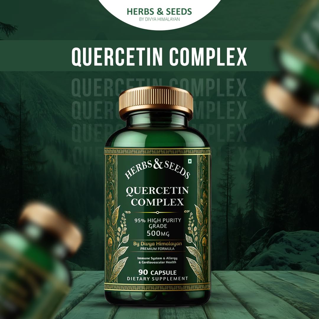 Herbs & Seeds Quercetin Complex supplement bottle on a green background