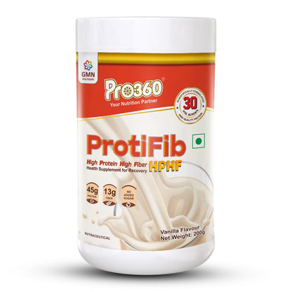 Pro360 Protifib HPHF High Protein High Fiber Nutritional Supplement Powder for Recovery from Critical Illness with 30 Vital Nutrients - 45g of Protein, 13g of Fiber - Vanilla Flavor - 200g pack