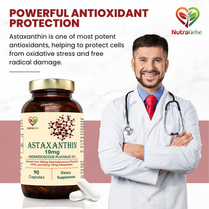 Nutraliebe Astaxanthin 10mg Capsules, Derived from Haematococcus Pluvialis 10%, 90 Non-GMO Capsules