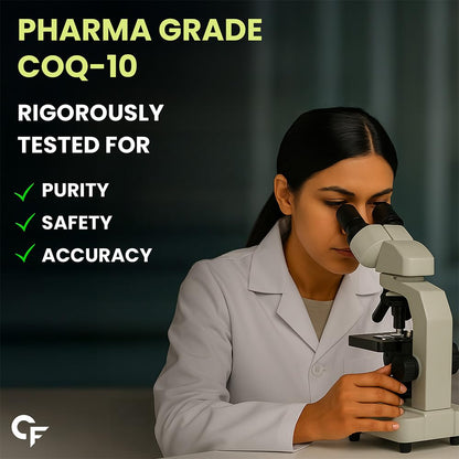 Person in a lab coat using a microscope with text about pharma grade COQ-10 testing.