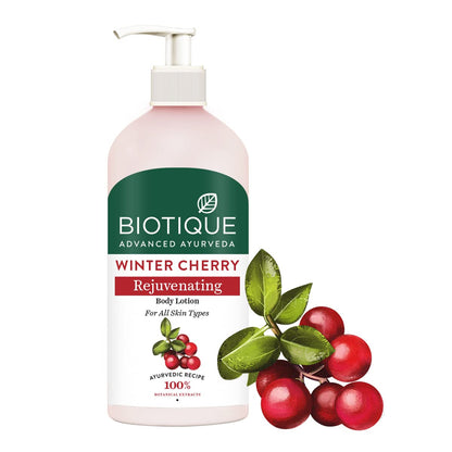 Biotique Winter Cherry Rejuvenating Body Lotion with cherry illustration on a white background