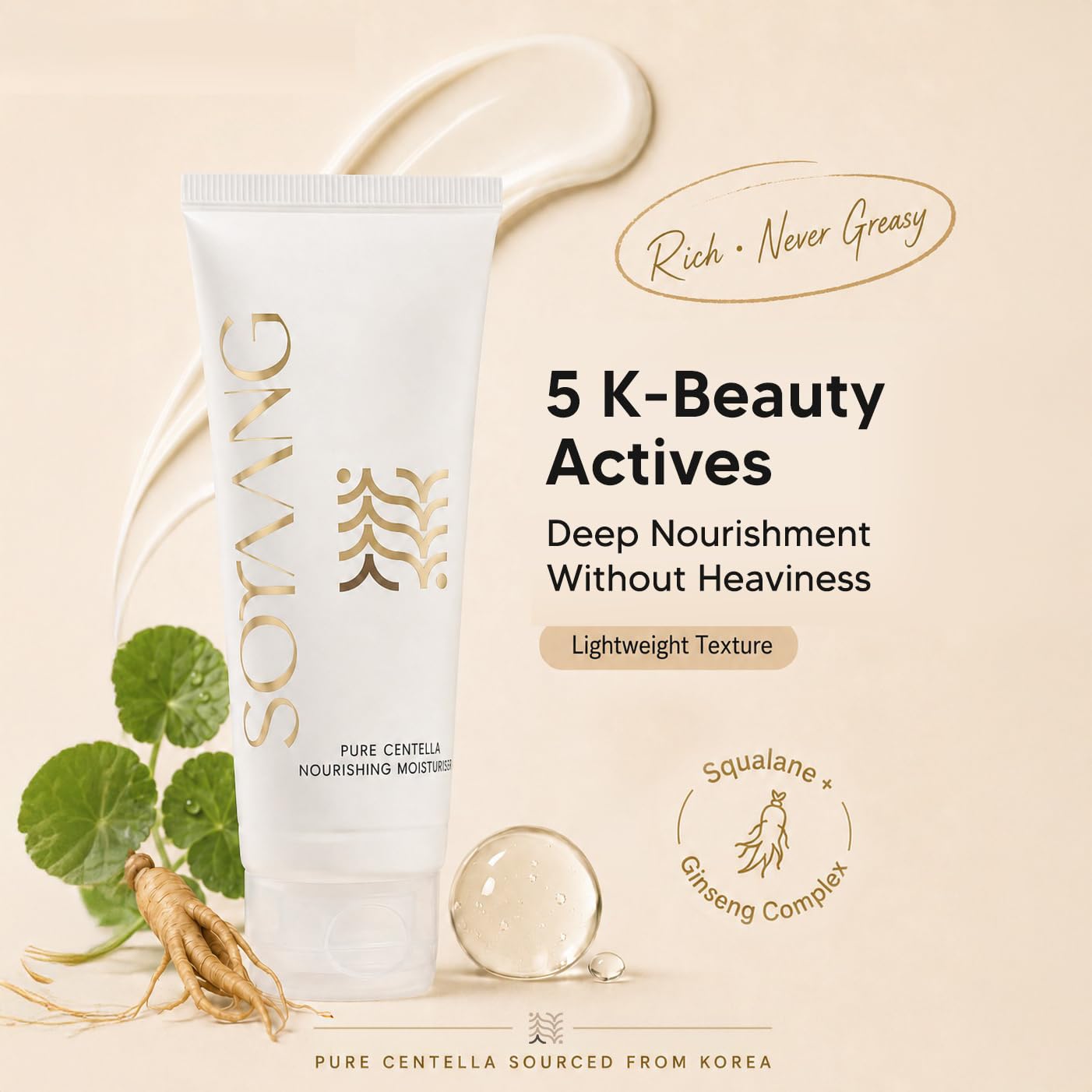 Soyaang Pure Centella Nourishing Moisturiser with Ceramides, Squalane, Niacinamide & Ginseng | Deep Repair, Brightening & Anti-Ageing Barrier Cream | For Dry & Sensitive Skin | 50ml