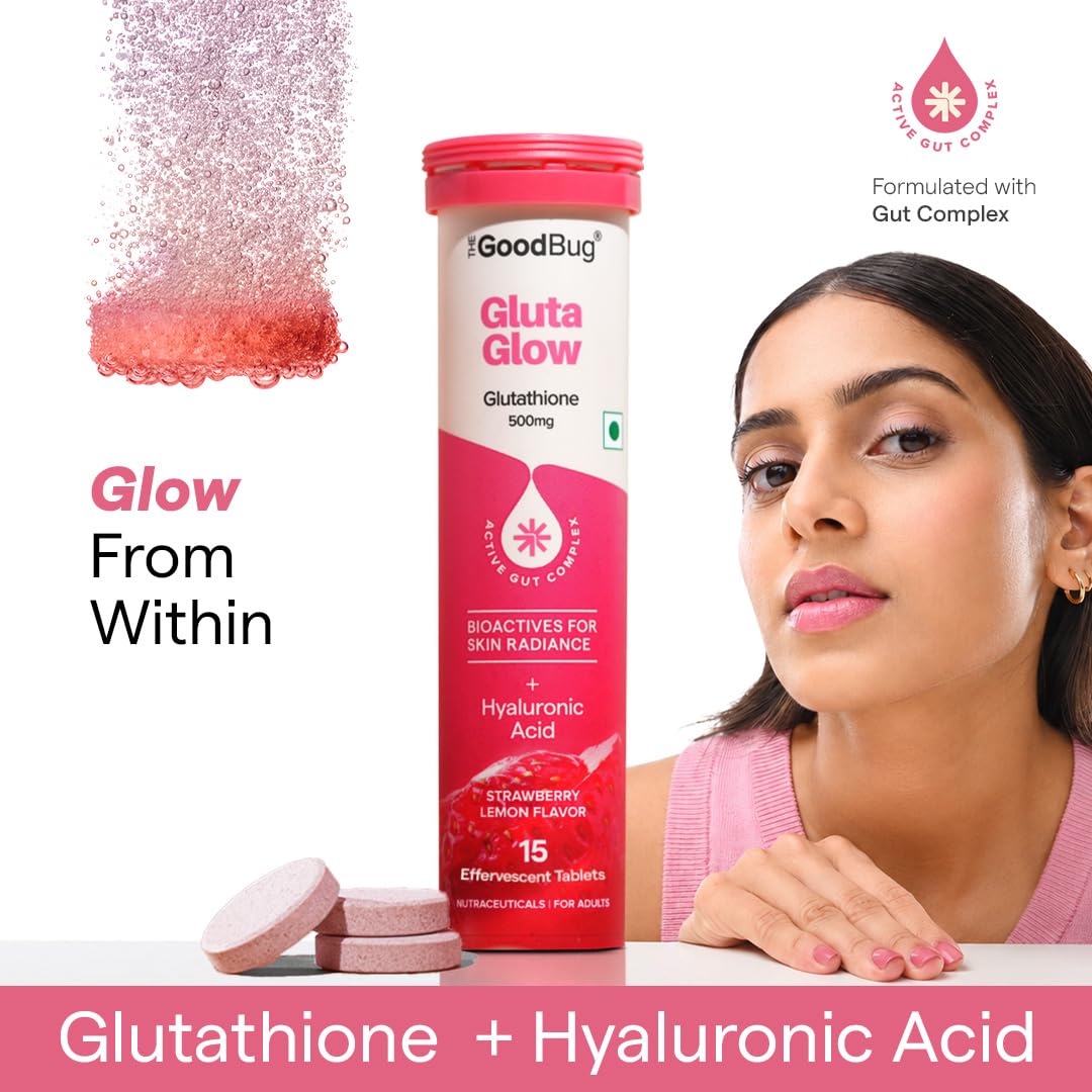 The Good Bug Gluta Glow Effervescent Tablets for Radiant Skin - 15 Tablets (Pack of 15 x 1) | L-Glutathione, Vitamin C, Lycopene For Skin Glow & Anti-Pigmentation | Strawberry Lemon|No Added Sugar