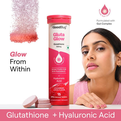The Good Bug Gluta Glow Effervescent Tablets for Radiant Skin - 15 Tablets (Pack of 15 x 1) | L-Glutathione, Vitamin C, Lycopene For Skin Glow & Anti-Pigmentation | Strawberry Lemon|No Added Sugar