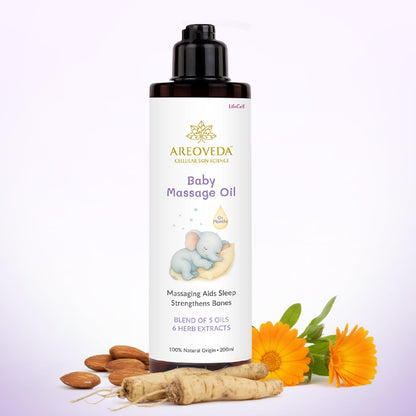 AreoVeda 100% Organic Cold-Pressed Baby Massage Oil for Babies & Toddlers (200ml) | With Almond (Badam) & Sesame Oils | Non-Sticky & Quick-Absorbing | Massage Strengthens Bones, Aids Sleep