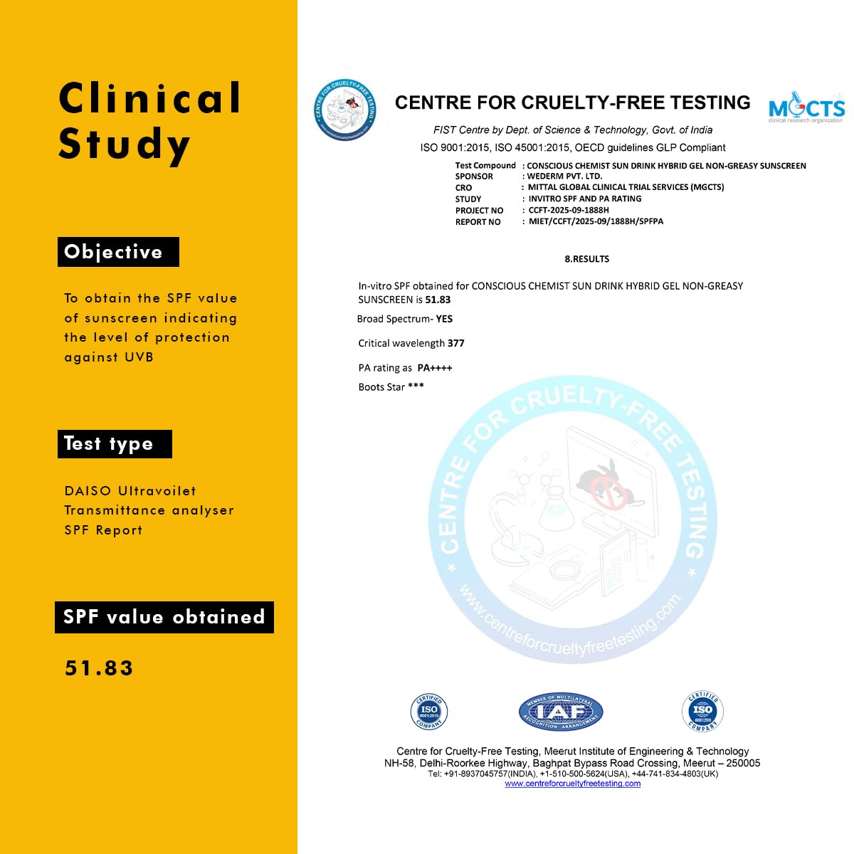 SPF report with clinical study details and certification logos on a yellow and white background