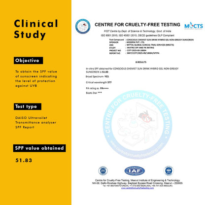 SPF report with clinical study details and certification logos on a yellow and white background