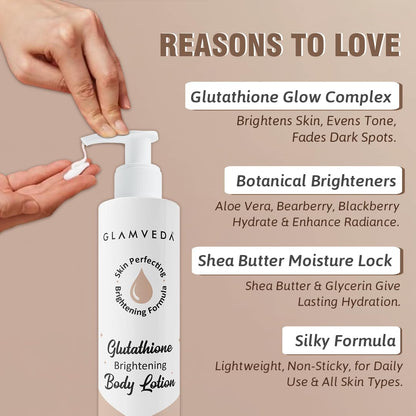 Glamveda Glutathione Body Lotion Moisturizer 200ml | 24hr Deep Moisturization for Dry Skin | Skin Brightening | Non Greasy, Lightweight Hydrating Moisture for Glowing, Repairs & Softens Skin | All Skin Type
