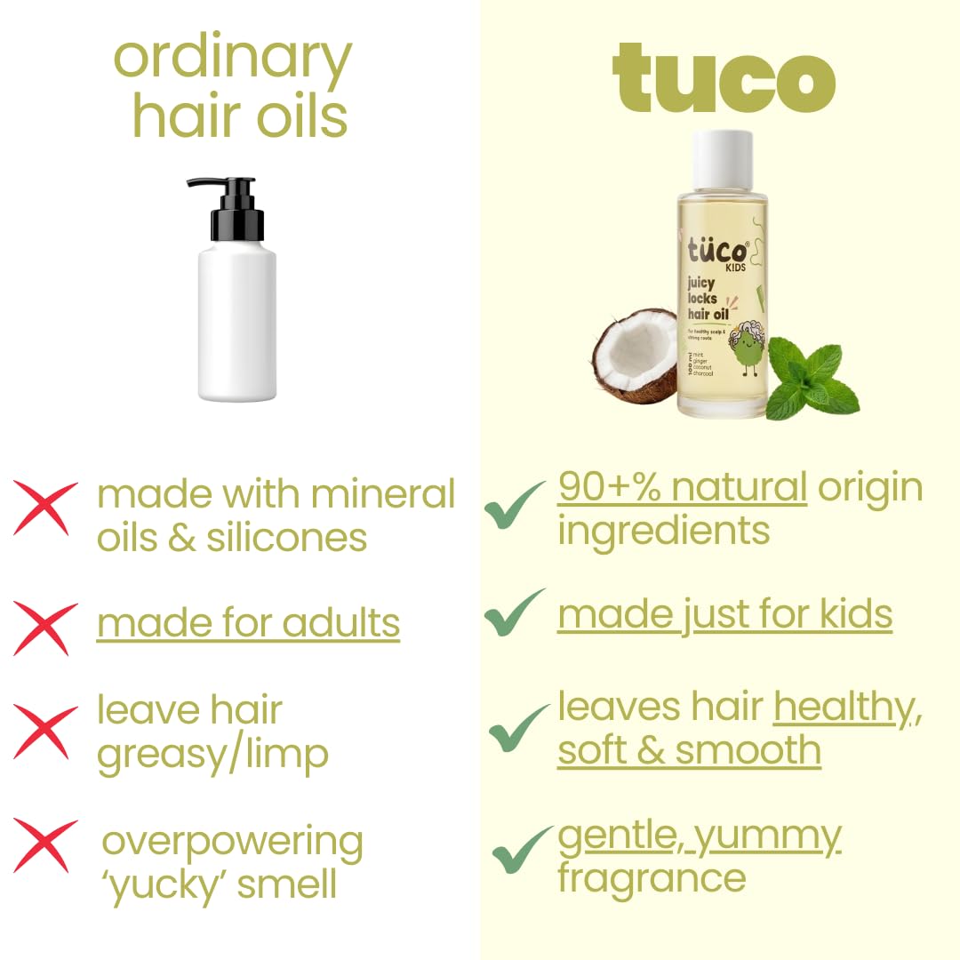 Comparison chart of 'ordinary hair oils' vs 'tuüo' hair oil for kids, highlighting benefits and features.